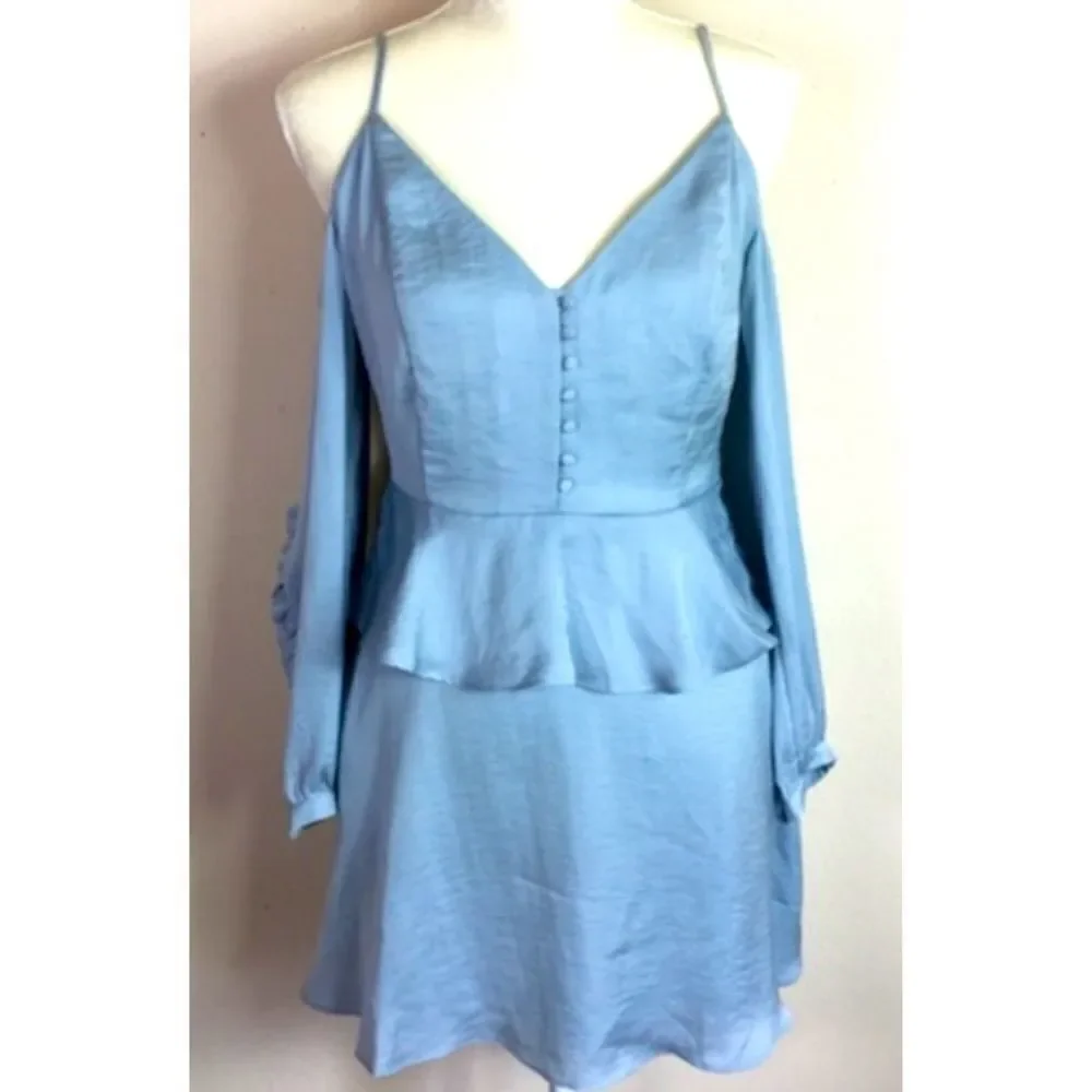 Avec Les Filles Y2K Cold Shoulder Midi Satin Dress Size L Long Sleeve‎ Ruffles